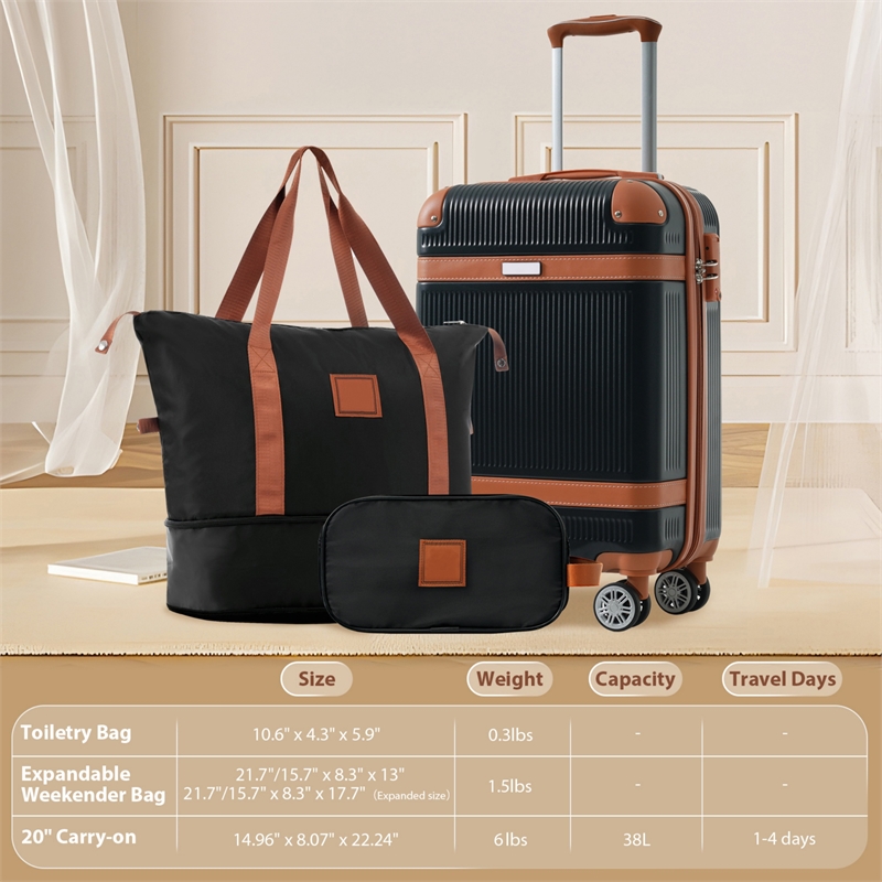 3 Piece Luggage Sets ABS Hardshell with TSA Lock and Double Spinner Wheels-Black