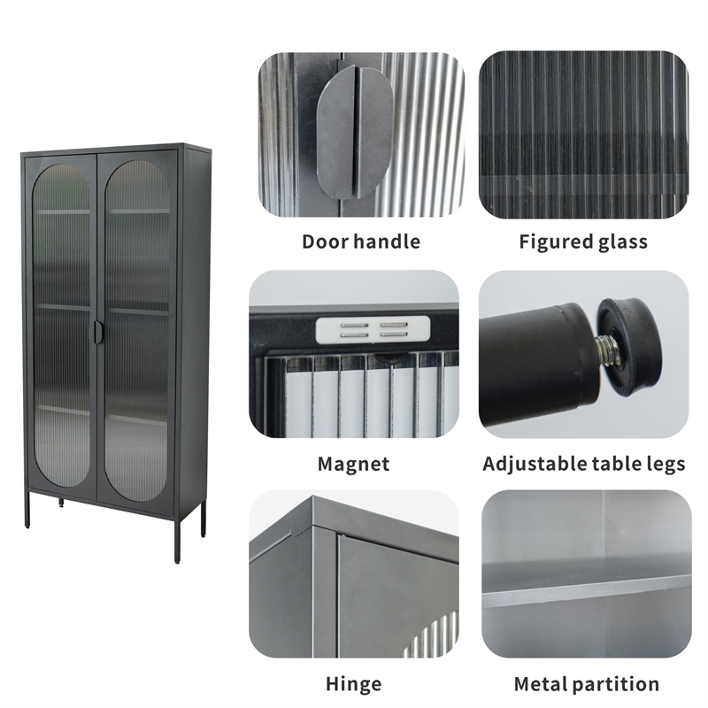 Tall 2-Door 4 Shelf Steel Accent Cabinet with Fluted Glass-Black