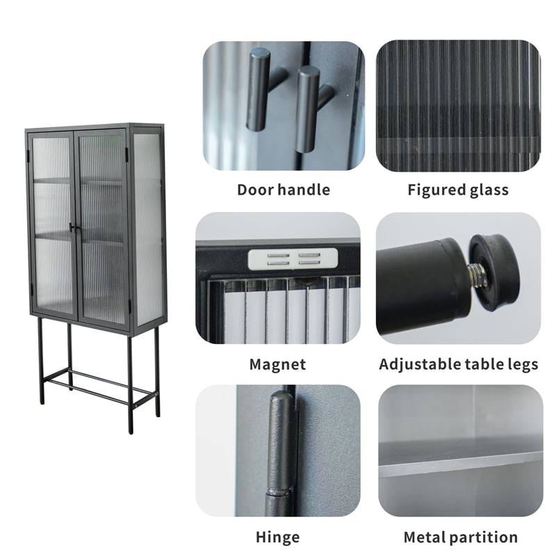Tall 2-Door Square 3 Shelf Steel Accent Cabinet with Fluted Glass-Black