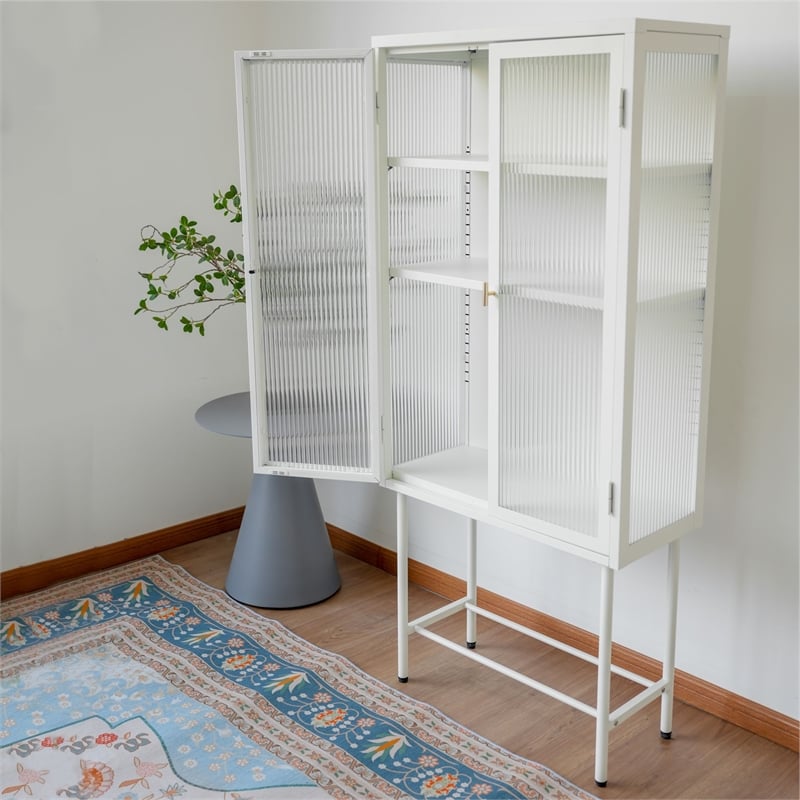 Tall 2-Door Square 3 Shelf Steel Accent Cabinet with Fluted Glass-White