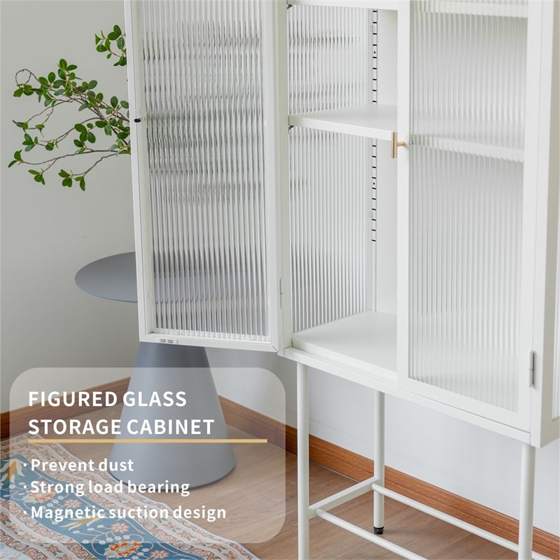 Tall 2-Door Square 3 Shelf Steel Accent Cabinet with Fluted Glass-White