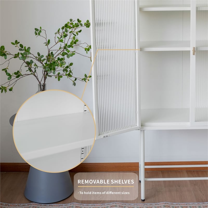 Tall 2-Door Square 3 Shelf Steel Accent Cabinet with Fluted Glass-White