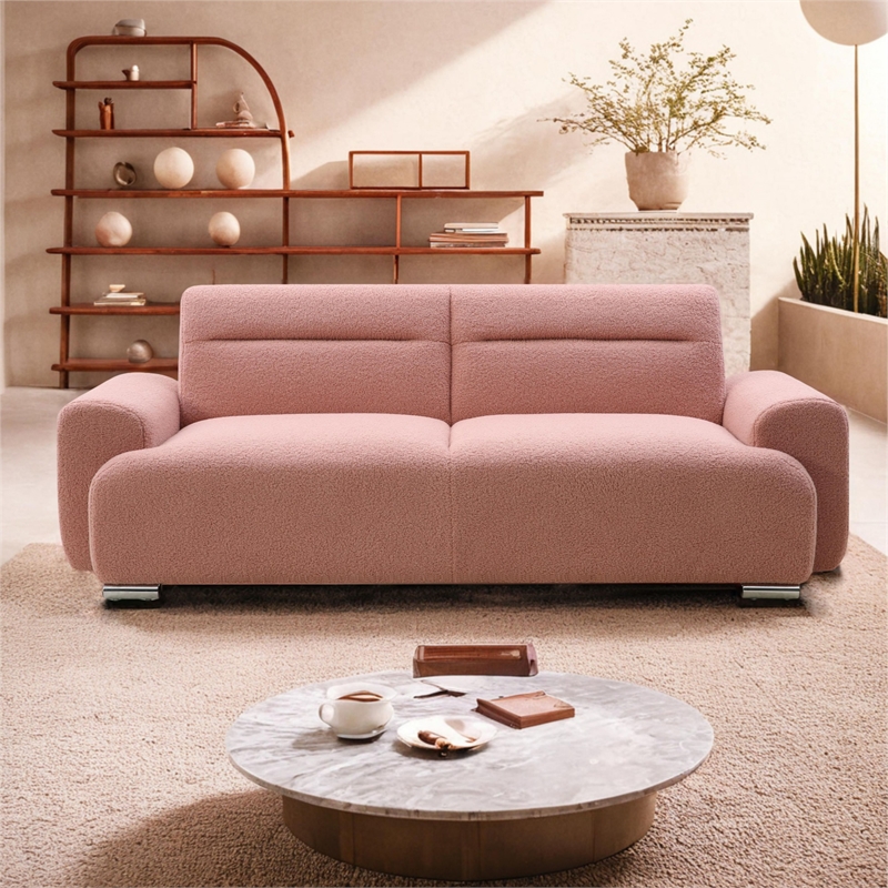 Pink Teddy Velvet Three-Seat Sofa with Armrests-Convertible to Reclining Bed