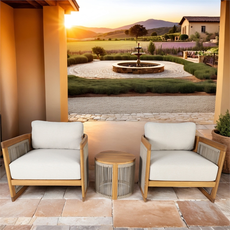 Direct Wicker 3-Piece Patio Conversation Set with Acacia Wood Frame & Cushions