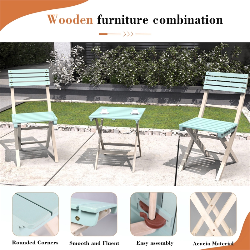 Direct Wicker Outdoor Folding Bistro Set with 2 Chairs and Coffee Table(Blue)