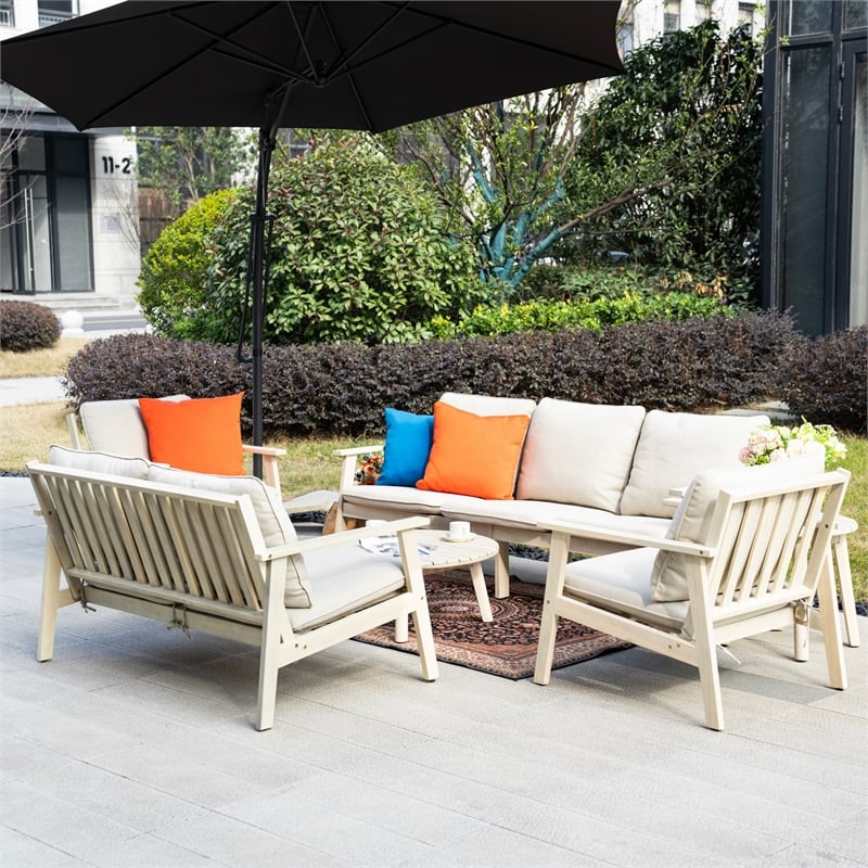 Modern 6-Piece Wooden Patio Furniture Set with Cushions & Coffee Table(Beige)
