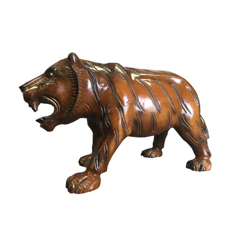 D-Art Collection Traditional Teak/Mahogany Solid Wood Tiger Statue in Dark Brown