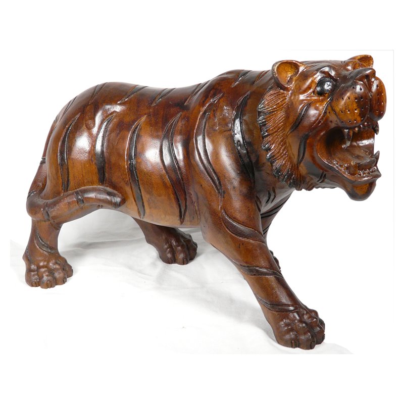 D-Art Collection Traditional Teak/Mahogany Solid Wood Tiger Statue in Dark Brown