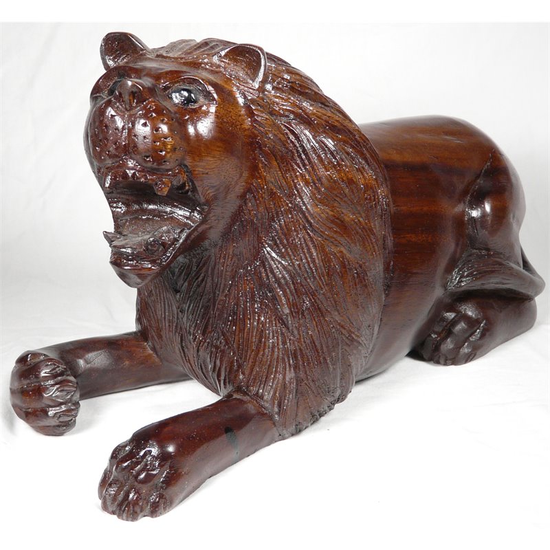 D-Art Collection Traditional Teak/Mahogany Solid Wood Lion Statue in Dark Brown