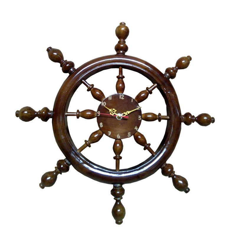 D-Art Collection Mahogany Wood and Veneer Captain Wheel Clock in Dark Brown