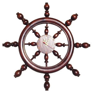 D-Art Collection Mahogany Wood and Veneer Captain Wheel Clock in Dark Brown