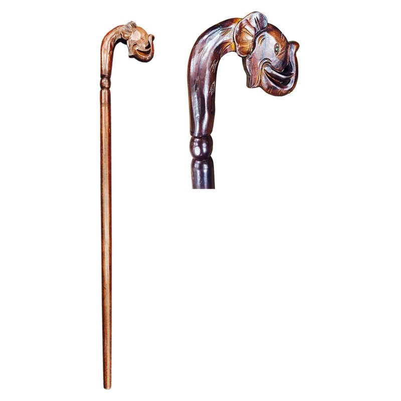 D-Art Collection Teak/Mahogany Solid Wood Elephant Walking Stick in Dark Brown