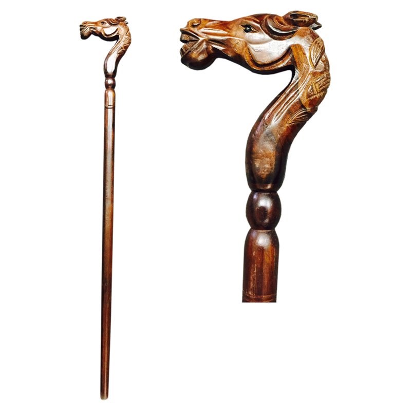 D-Art Collection Teak and Mahogany Solid Wood Horse Walking Stick in Dark Brown