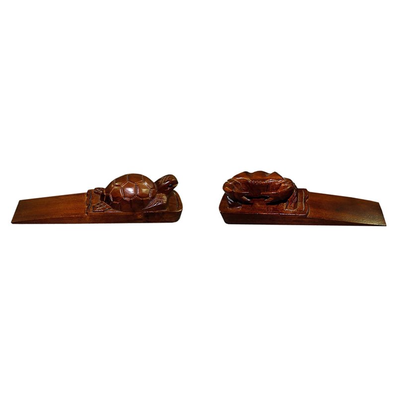 D-Art Collection Solid Teak Wood Turtle and Crab Door Stopper in Dark Brown