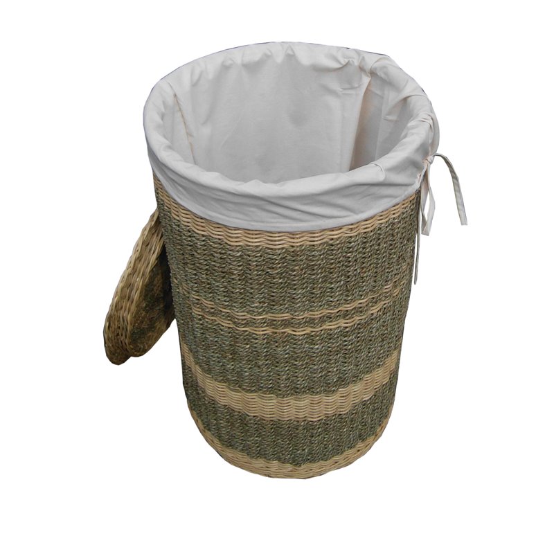 D-Art Collection Round Wicker/Rattan and Linen Costa Laundry Hamper in Natural