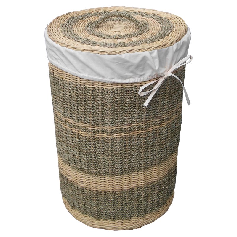 D-Art Collection Round Wicker/Rattan and Linen Costa Laundry Hamper in Natural