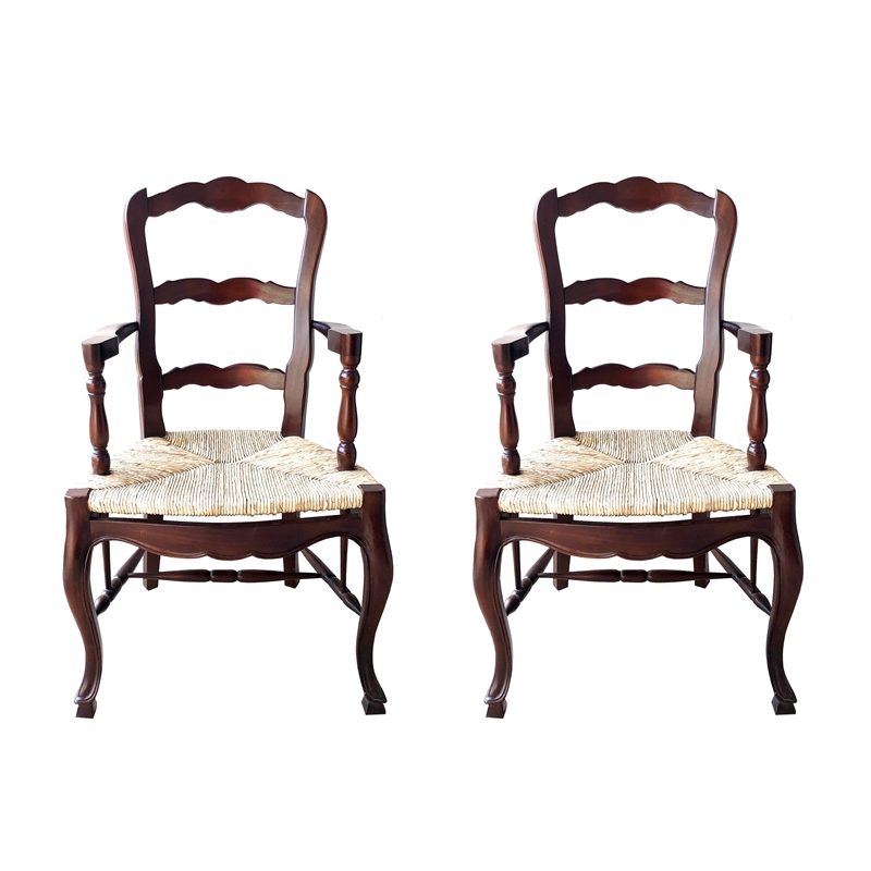 D-Art Collection Ladder Back Arm Chair set 2 pcs mahogany wood brown color