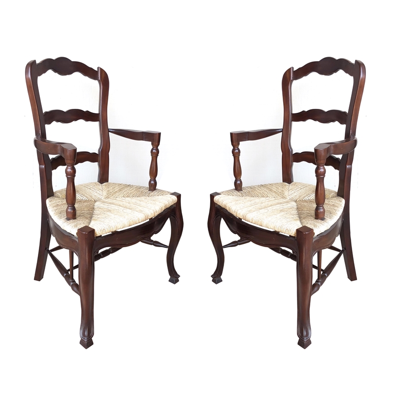D-Art Collection Ladder Back Arm Chair set 2 pcs mahogany wood brown color