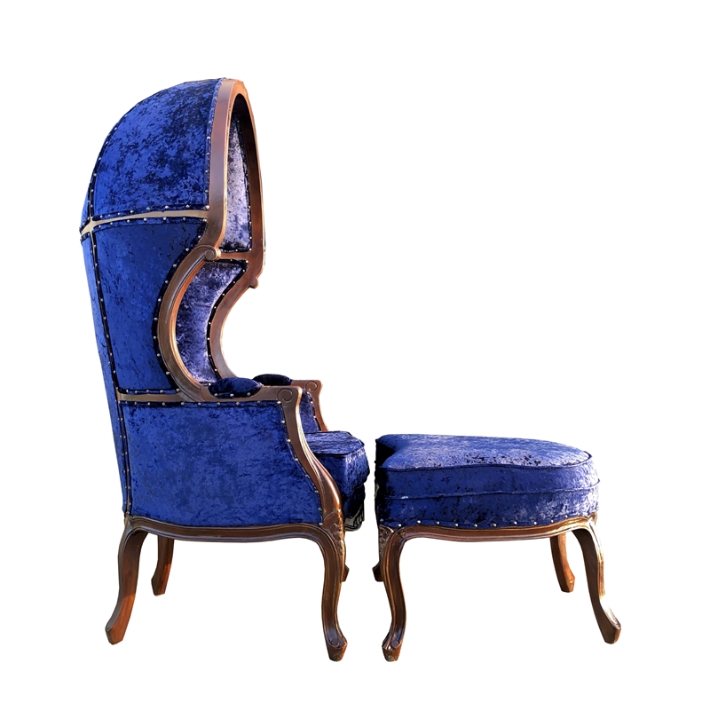 D-Art Collection Dome Chair w Ottoman in Blue Fabric in mahogany brown color