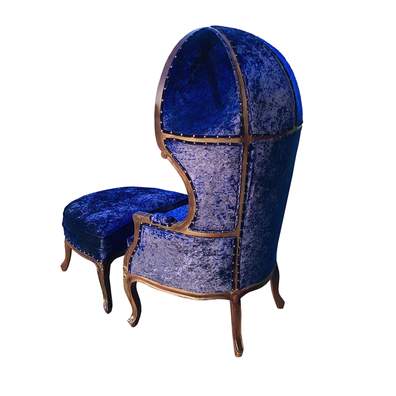 D-Art Collection Dome Chair w Ottoman in Blue Fabric in mahogany brown color