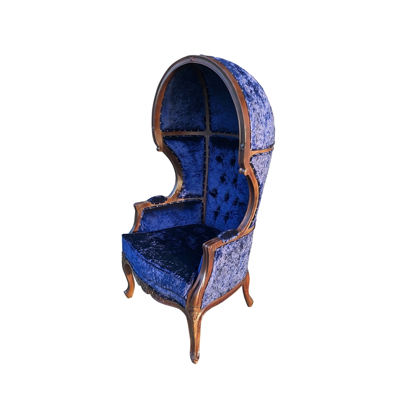 D-Art Collection Dome Chair w Ottoman in Blue Fabric in mahogany brown color