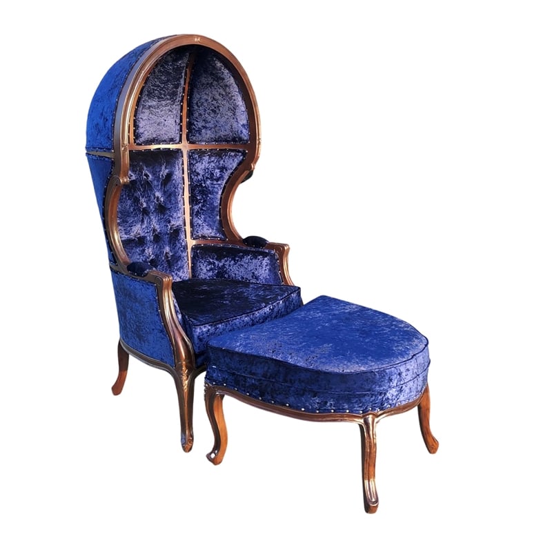 D-Art Collection Dome Chair w Ottoman in Blue Fabric in mahogany brown color