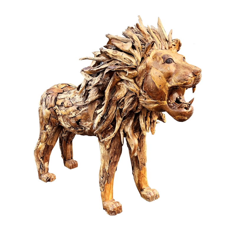 D-Art Collection Lion Driftwood Statue in Driftwood