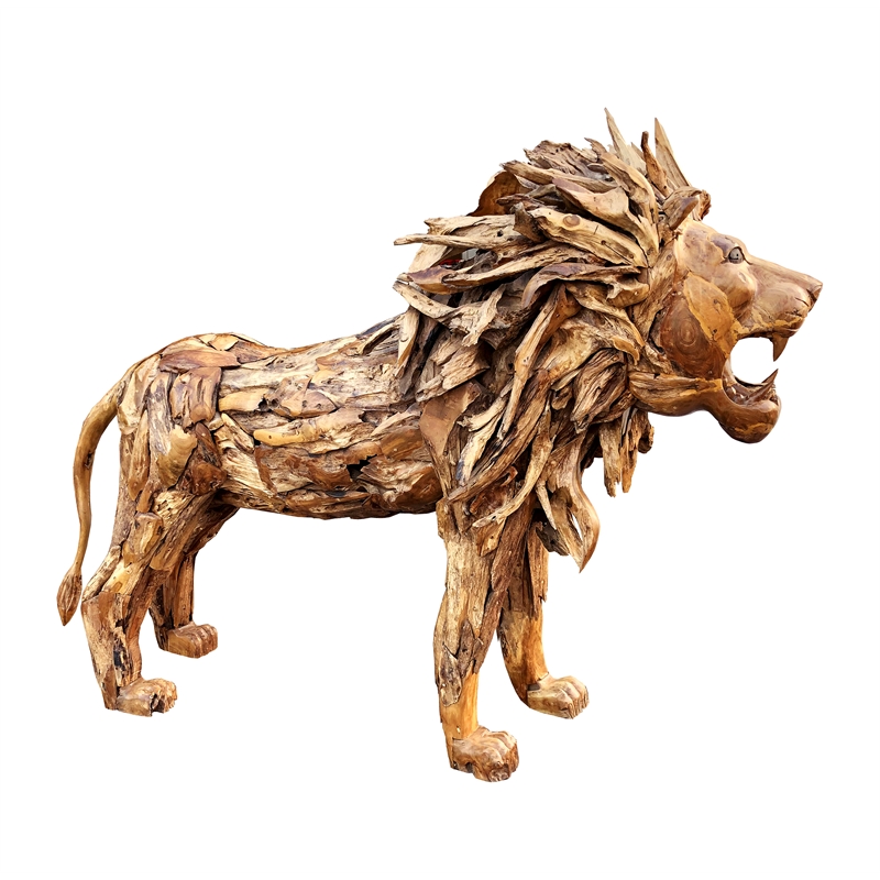 D-Art Collection Lion Driftwood Statue in Driftwood