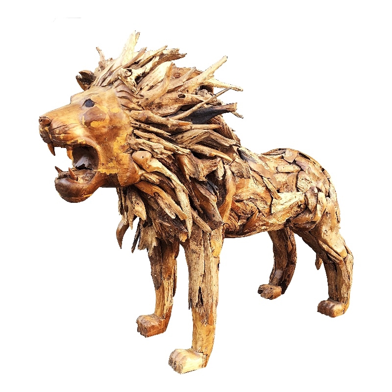 D-Art Collection Lion Driftwood Statue in Driftwood