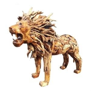 D-Art Collection Lion Driftwood Statue in Driftwood