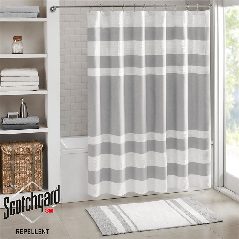 Madison Park Traditional Polyester Fabric Spa Waffle Shower Curtain in Gray