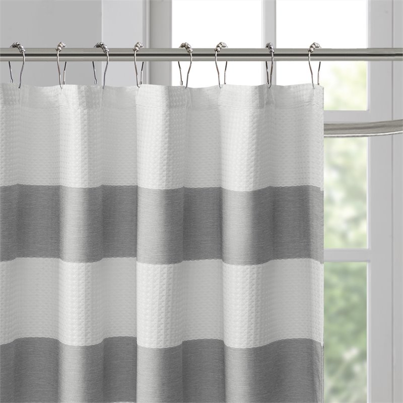 Madison Park Traditional Polyester Fabric Spa Waffle Shower Curtain in Gray