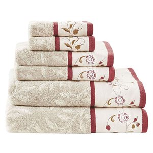 Madison Park 6-Piece Traditional Cotton Jacquard Towel Set w/ Embroidery in Red
