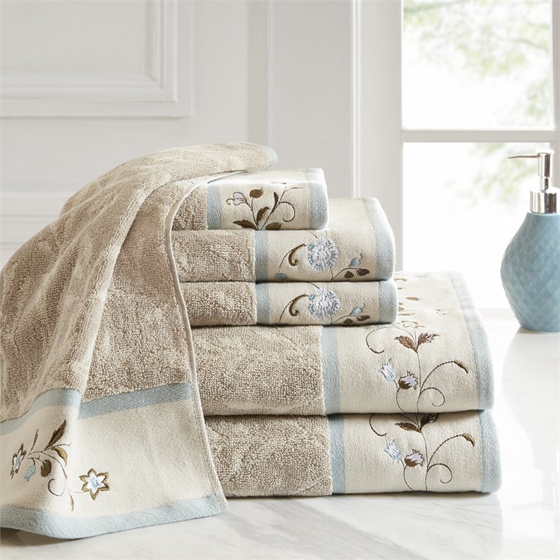 Madison Park 6-Piece Traditional Cotton Embroidered Jacquard Towel Set in Beige