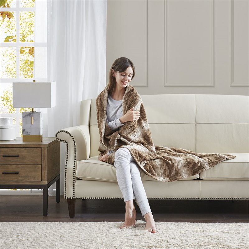 Madison Park Modern Faux Tip Dyed Brushed Long Fur Throw in Brown