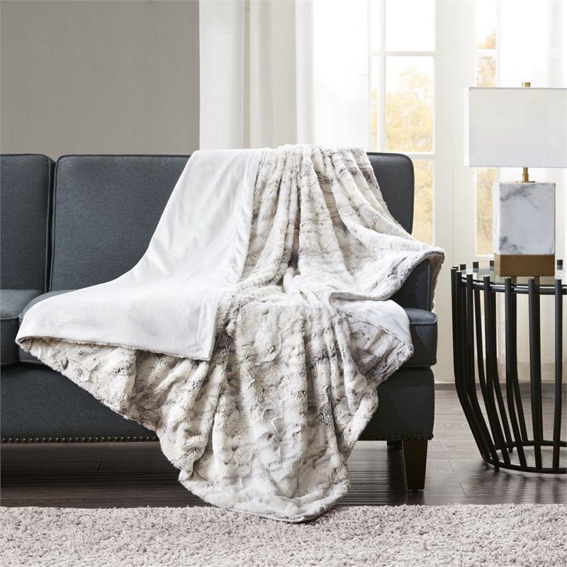 Madison Park Sachi Modern Printed Knitted Long Fur Throw in Natural