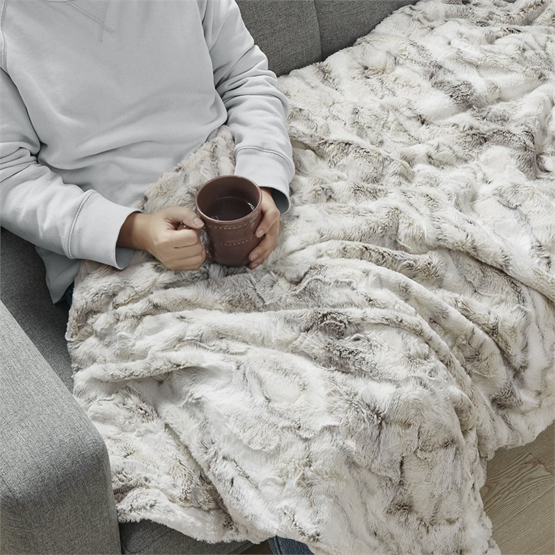 Madison Park Sachi Modern Printed Knitted Long Fur Throw in Natural