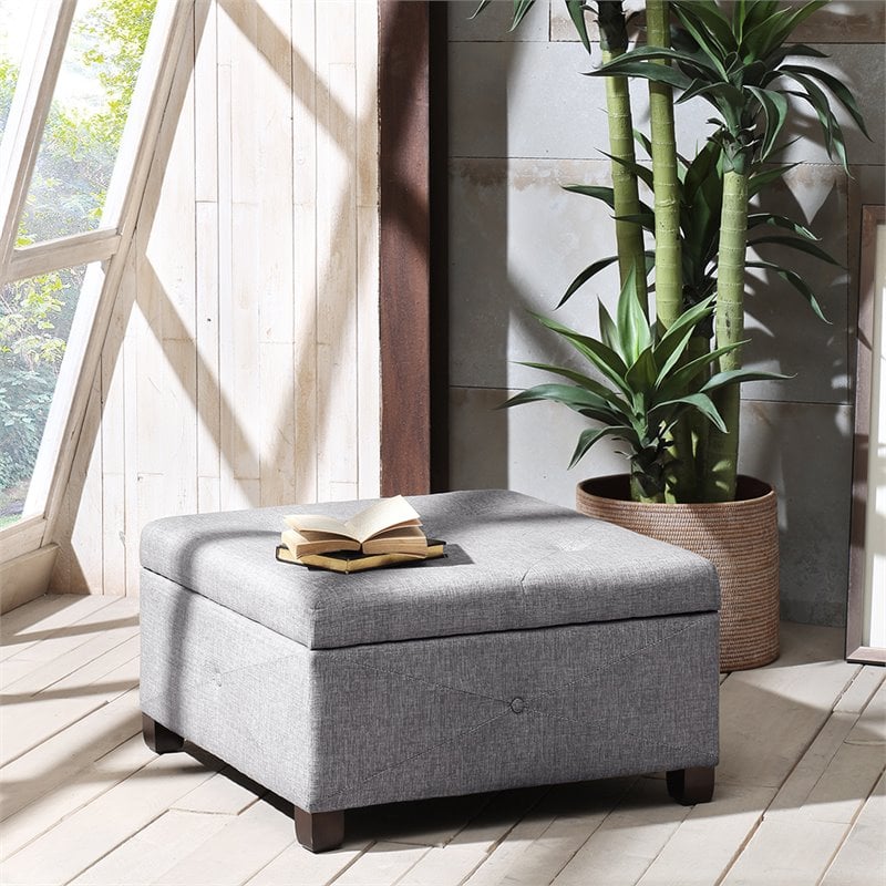 Madison Park Aspen Fabric & Solid Wood Button Tufted Storage Ottoman in Charcoal