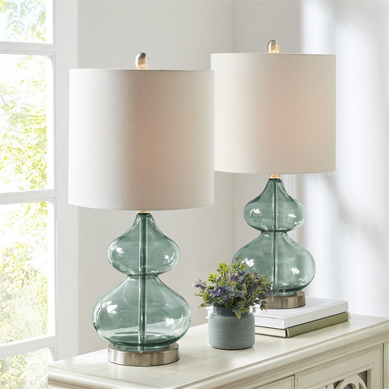 510 Design Ellipse Contemporary Glass and Fabric Table Lamps in Blue (Set of 2)
