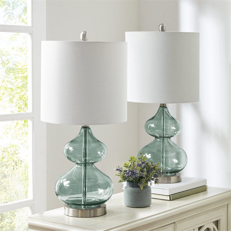 510 Design Ellipse Contemporary Glass and Fabric Table Lamps in Blue (Set of 2)