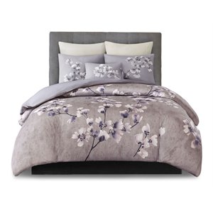 N Natori Sakura Blossom 3-Piece Cotton Sateen Printed Comforter Set in Purple