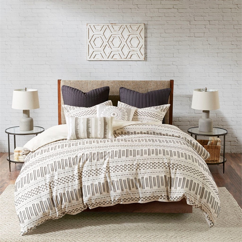 INK+IVY Rhea Mid-Century Cotton Clipped Jacquard Duvet Cover Mini Set in Ivory