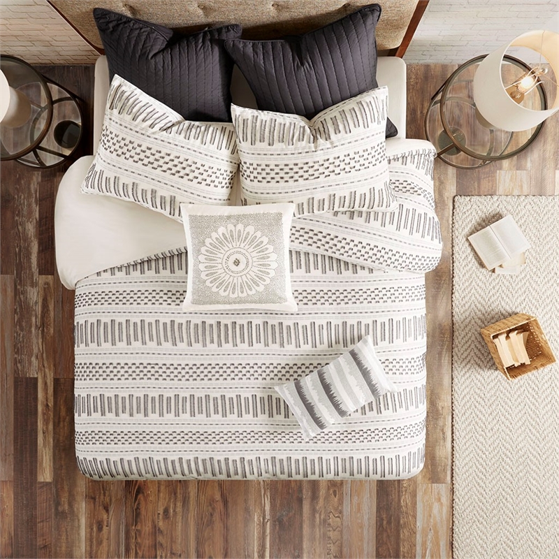 INK+IVY Rhea Mid-Century Cotton Clipped Jacquard Duvet Cover Mini Set in Ivory