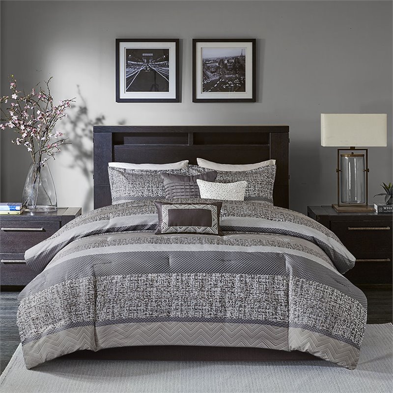Madison Park Rhapsody 7-Piece Polyester Jacquard Comforter Set in Gray/Taupe