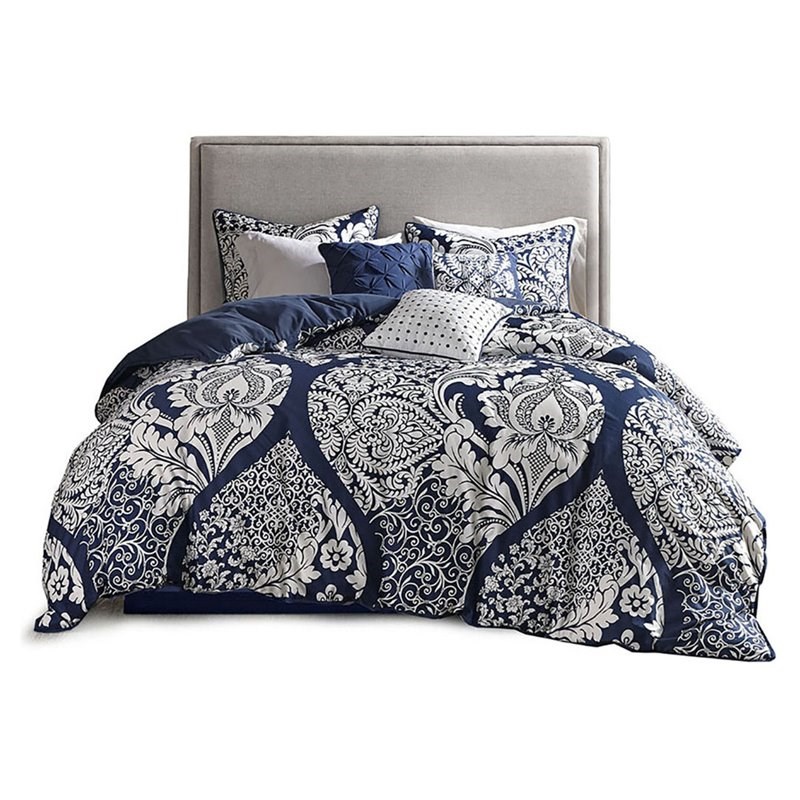 Madison Park Vienna 7-Piece Transitional Cotton Printed Comforter Set in Blue