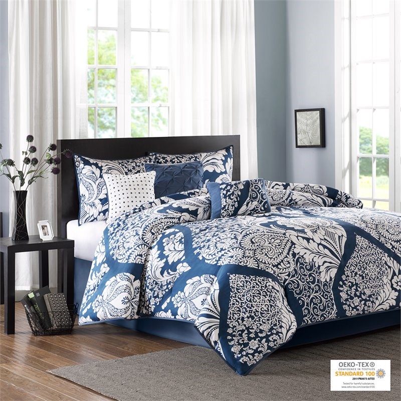 madison park vienna 7-piece transitional cotton printed comforter set in blue