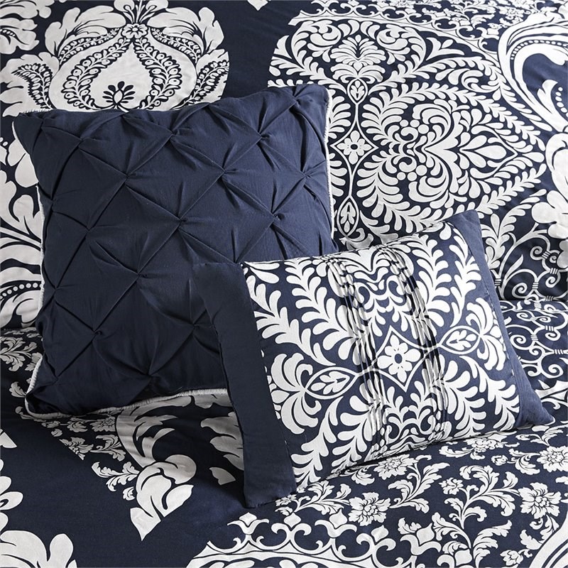 madison park vienna 7-piece transitional cotton printed comforter set in blue