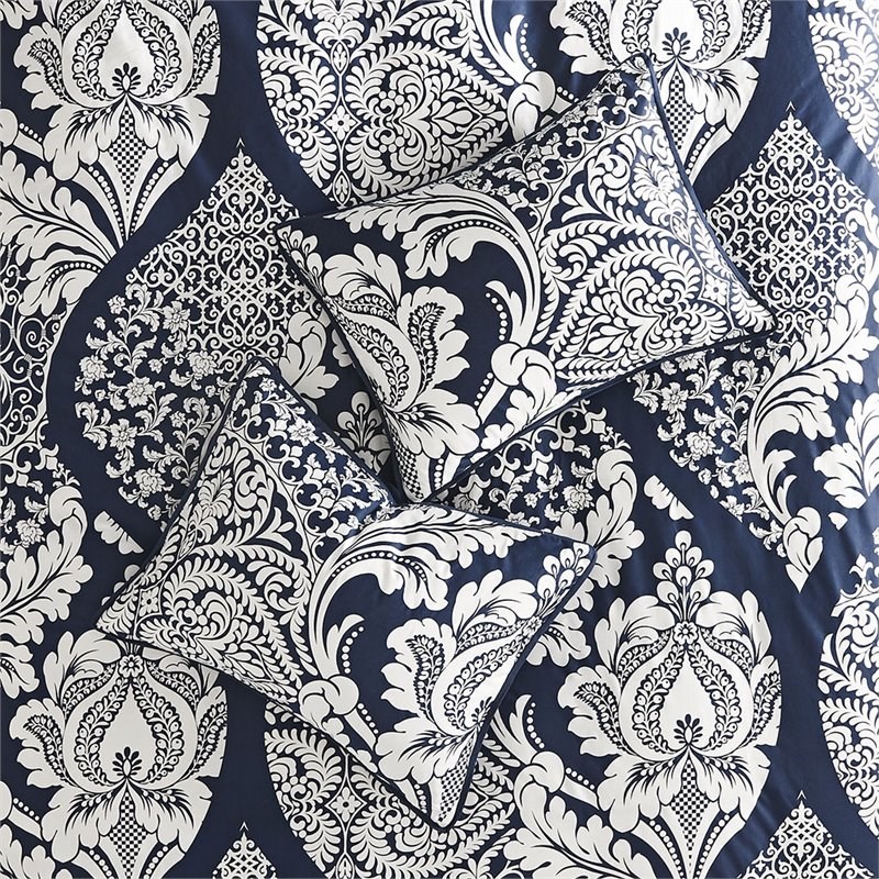 madison park vienna 7-piece transitional cotton printed comforter set in blue