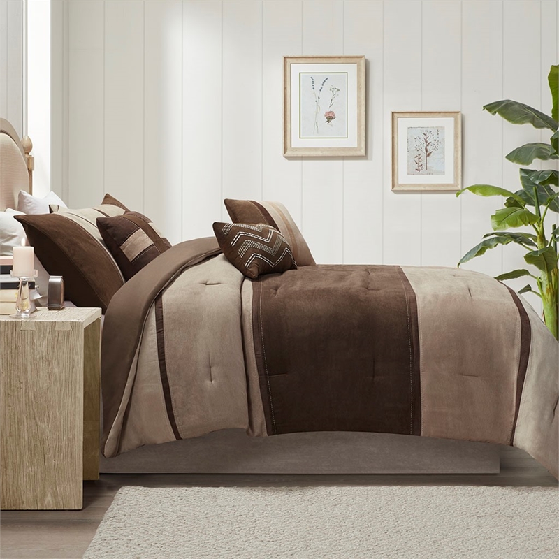Madison Park Palisades 7-Piece Polyester Solid Pieced Comforter Set in Brown