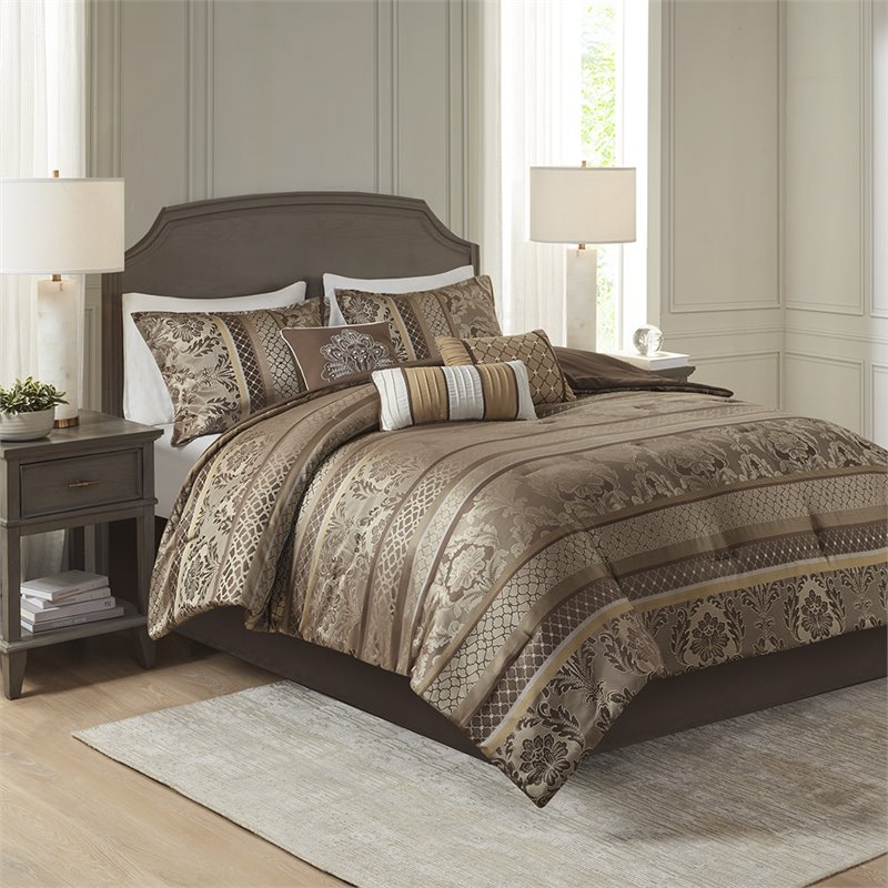 Madison Park Bellagio 7-Piece Jacquard Microfiber Comforter Set in Brown